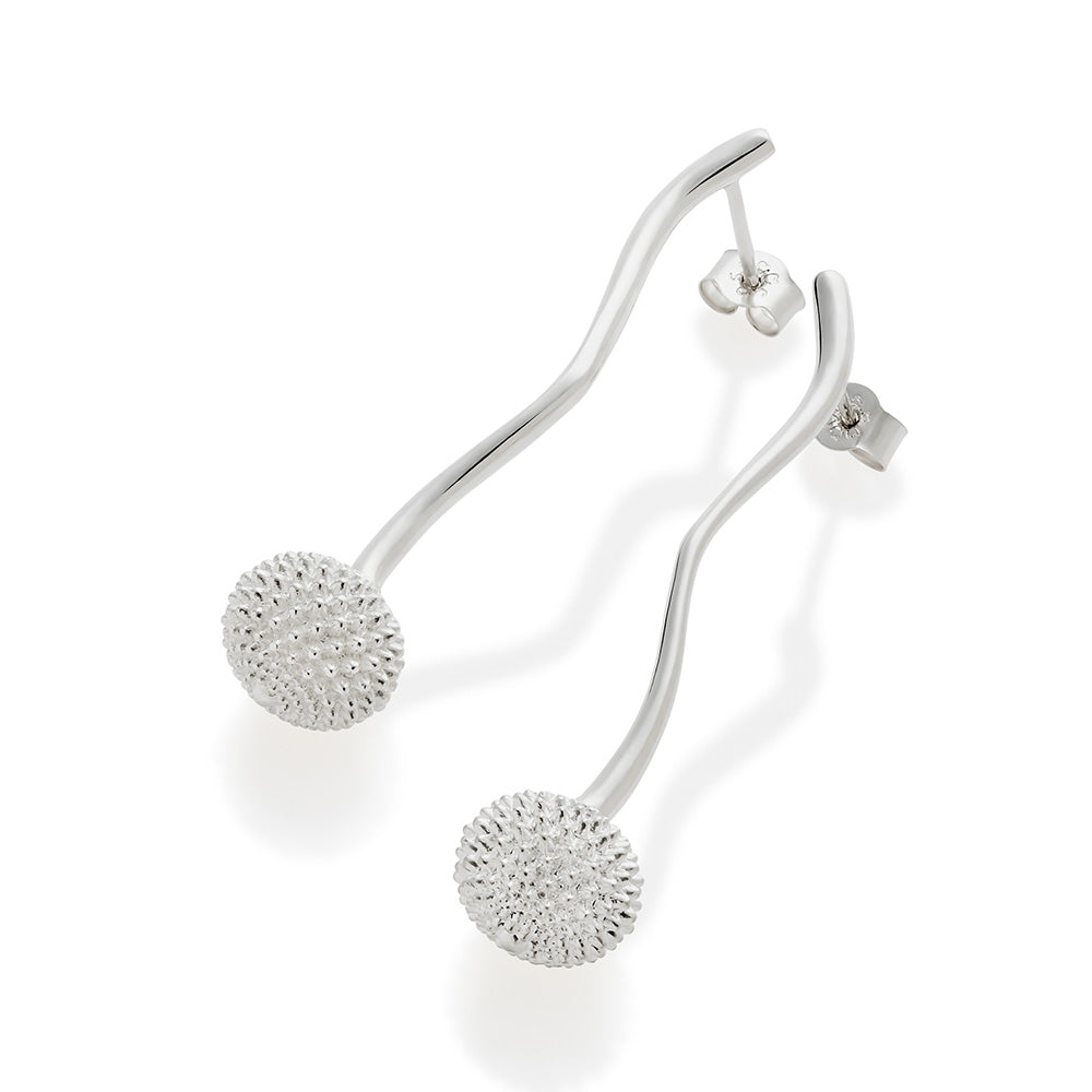 Long Pom Pom Drop Earrings - Sterling Silver