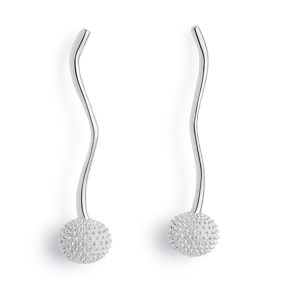 Long Pom Pom Drop Earrings - Sterling Silver